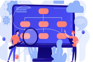 Clipart of two men analyzing a flow chart on a computer with one man holding a magnifying glass and the other a notebook.