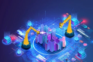 Clipart of two digital manufacturing arms building a city.