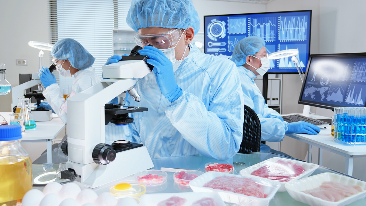 Drei Wissenschaftler in einem Lebensmittellabor prüfen mit Hilfe von Mikroskopen und Computersoftware Lebensmittel auf Verunreinigungen und Lebensmittelsicherheit.