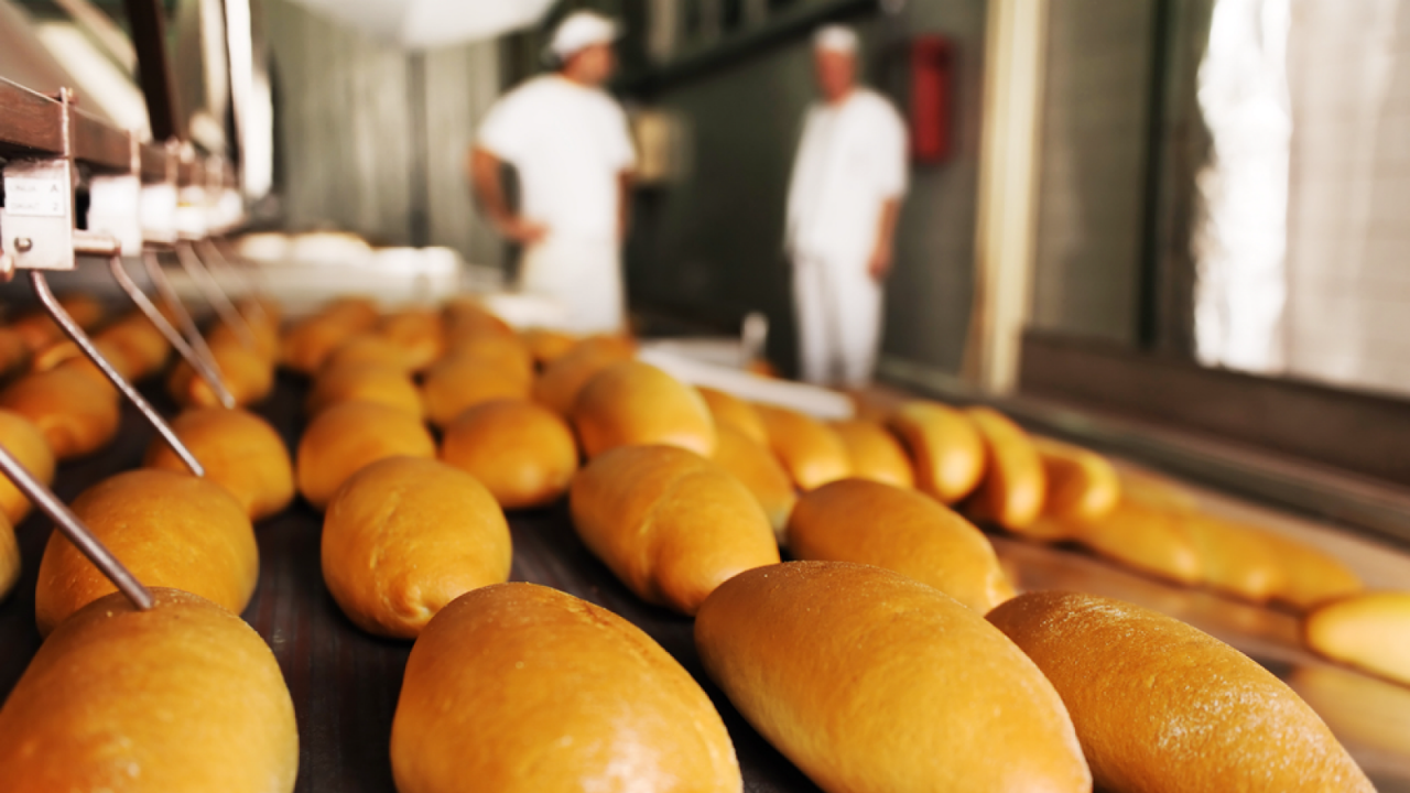 Production à grande échelle de petits pains frais dans une boulangerie avec deux boulangers en arrière-plan.