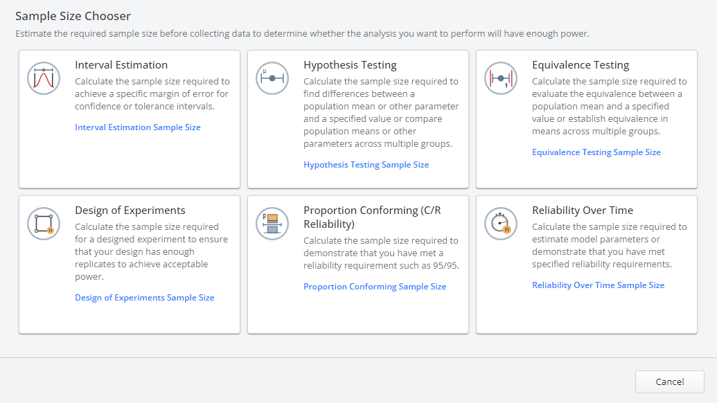 Minitab의 표본 크기 선택기 대시보드에는 데이터 수집 전에 필요한 표본 크기를 추정하기 위한 다양한 테스트가 포함되어 있습니다.